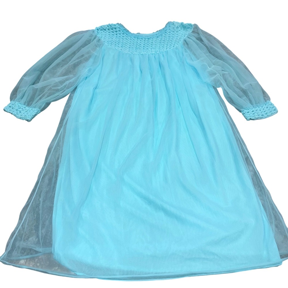 Vintage 1970s Sheer Mesh Babydoll Nightgown Long Sleeve Womens M Blue Unbranded